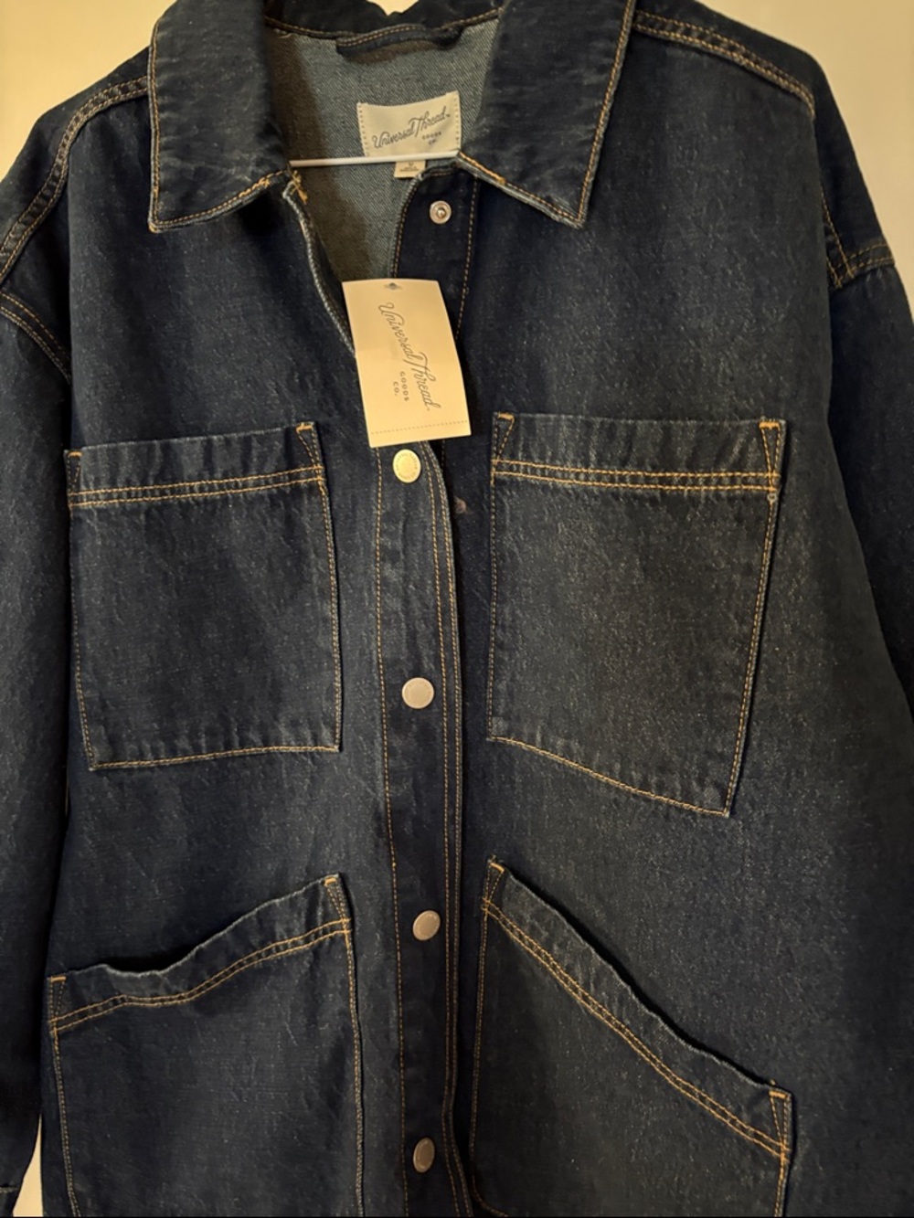 NWT-Medium Oversized Universal Thread Dark Blue Denim 4 pocket 
Long Jean Jacket - Picture 7 of 10